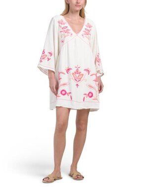 LEA Linen Blend Long Sleeve Embroidered Floral Mini Dress
